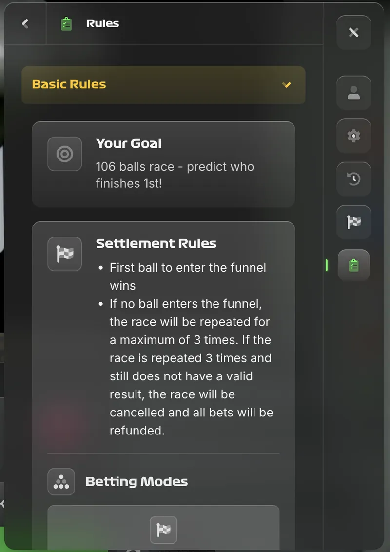 Stair Pong basic rules screen showing the goal, 106-ball race, and settlement policy