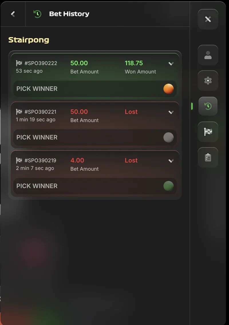 Stair Pong bet history panel listing wins and losses
