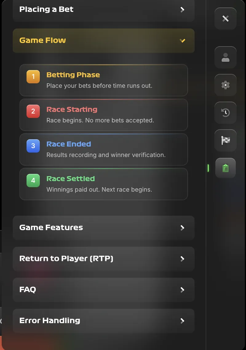 Stair Pong game flow showing betting phase, race starting, race ended, and race settled phases