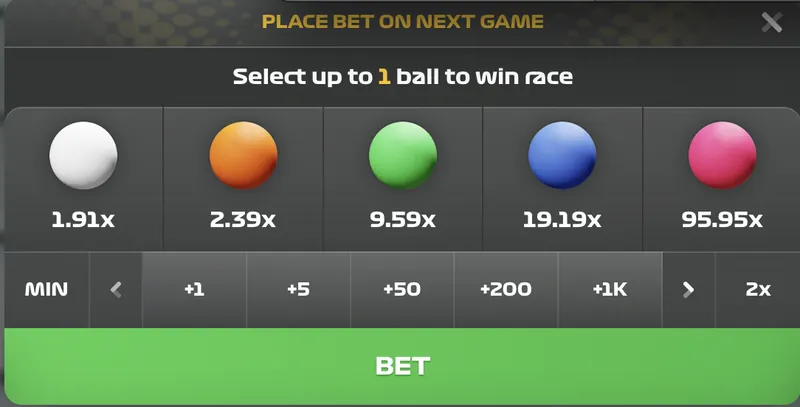 Stair Pong betting panel with five ball colours and multiplier values